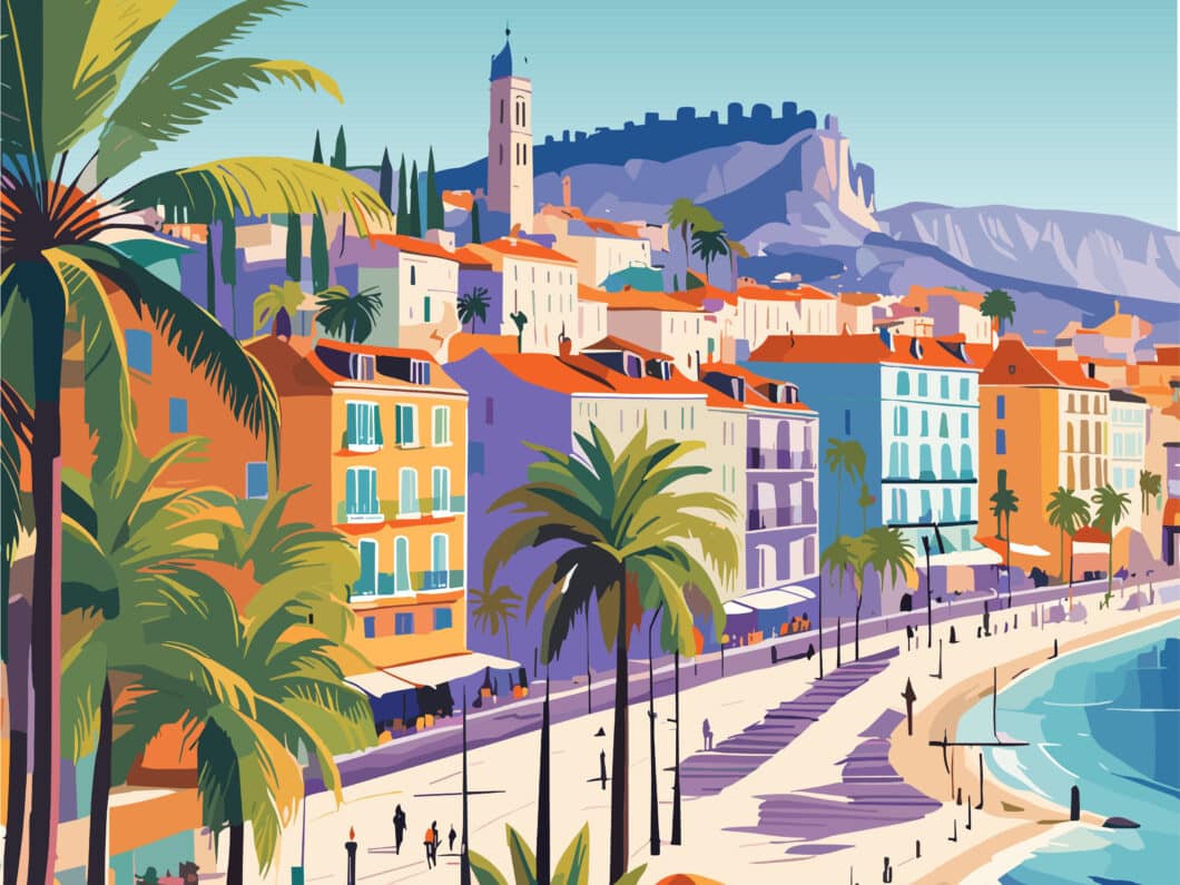Nice, France travel destination poster in retro style. European summer vacation. Colorful vector art illustration